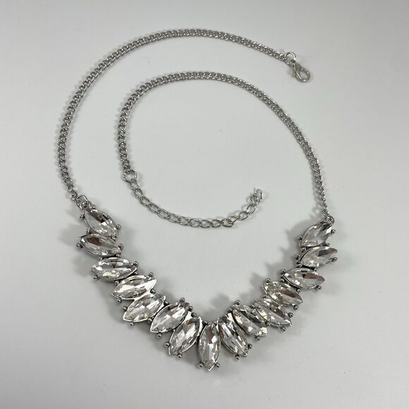 Silver Tone White Glass Marquise Rhinestone Bib Collar Necklace Statement - Picture 2 of 6
